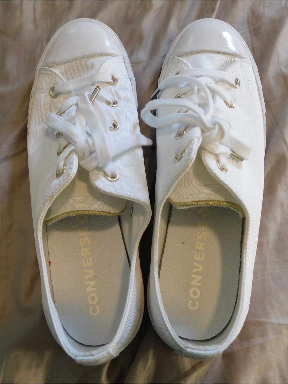 Converse White Low-Top Canvas Sneakers with Gold Eyelets